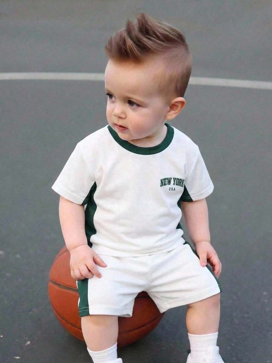 SHEIN 2pcs/Set Baby Boy Cute Color Block Short Sleeve T-Shirt And Elastic Waist Shorts Set, Summer - Multicolor - View 1
