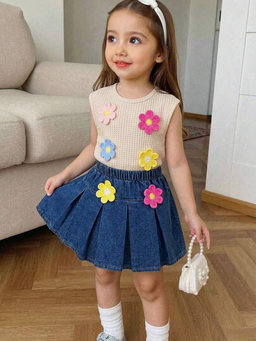 Elladie kids Conjunto de 3 piezas para niñas pequeñas: Blusa sin mangas con aplicación floral elegante y casual + Camiseta blanca simple y cómoda + Falda vaquera casual - Multicolor - Ver 1
