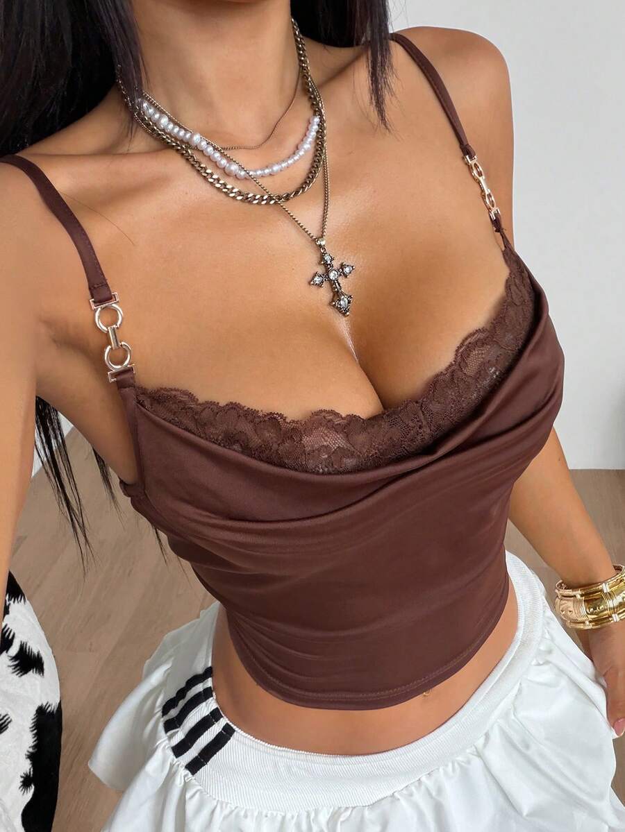 Coolane 女款咖啡棕夏季性感時尚夜店緞面修身垂領背心,街頭休閒音樂節波希米亞西式復古穿搭 - 棕色 - 查看 1