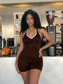 SHEIN BAE Contrast Trim Halter Backless Tight Sleeveless Jumpsuit - Coffee Brown - View 4