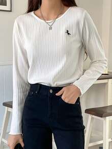 DAZY Camiseta de manga larga con cuello redondo y estampado de caballos, de estilo casual para mujer - Blanco - Ver 6