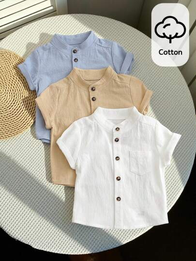 SHEIN Bộ 3 áo sơ mi ngắn tay cổ tàu nhiều màu sắc kiểu dáng lịch lãm cho bé trai, 100% cotton, thiết kế túi ngực bên trái, thời trang đa năng, mềm mại và thoải mái, phù hợp cho tiệc sinh nhật, tiệc chiêu đãi, biểu diễn, đám cưới, lễ rửa tội, tiệc mừng em bé chào đời, lễ kỷ niệm sinh nhật lần thứ nhất, mặc hàng ngày, đi học và du lịch mùa hè, áo sơ mi bé trai, áo sơ mi cài cúc, áo sơ mi kiểu phương Tây, áo sơ mi ngắn tay cho bé trai.