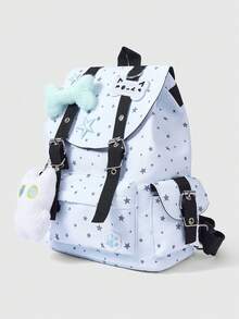 Anime 1个蓝色朋克学院风猫爪印花骨头星星撞色多口袋星星黑色背包，时尚休闲男女通用大容量背包，适合通勤和上学 - 淺藍色 - 查看 2