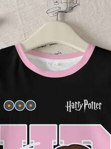 HARRY POTTER X SHEIN 少女休闲圆领卡通字母印花短袖T恤，百搭日常穿着 - 白色 - 查看 5
