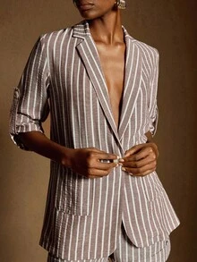 SHEIN PETITE Áo blazer nữ phong cách retro tối giản, thoải mái, chất liệu vải lanh kẻ sọc, cổ áo xẻ, cài khuy đơn, tay áo xắn lên, thích hợp cho các buổi đi chơi, đi làm hàng ngày và công sở. - Màu be - Xem 5