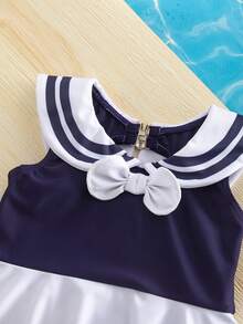 SHEIN Bộ đồ bơi liền thân phối màu cho bé gái với họa tiết nơ - Màu xanh hải quân - Xem 7