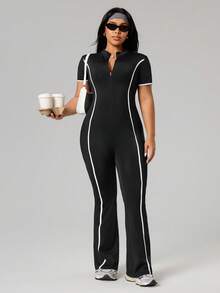 SHEIN Dewbera 1件装加大码黑色撞色连体裤，紧身瑜伽裤，柔软舒适，适合运动、健身、锻炼、跑步等场合。女士加大码连体裤，女士连体裤，加大码服装，加大码运动服，女士连体裤 - 黑色 - 查看 4