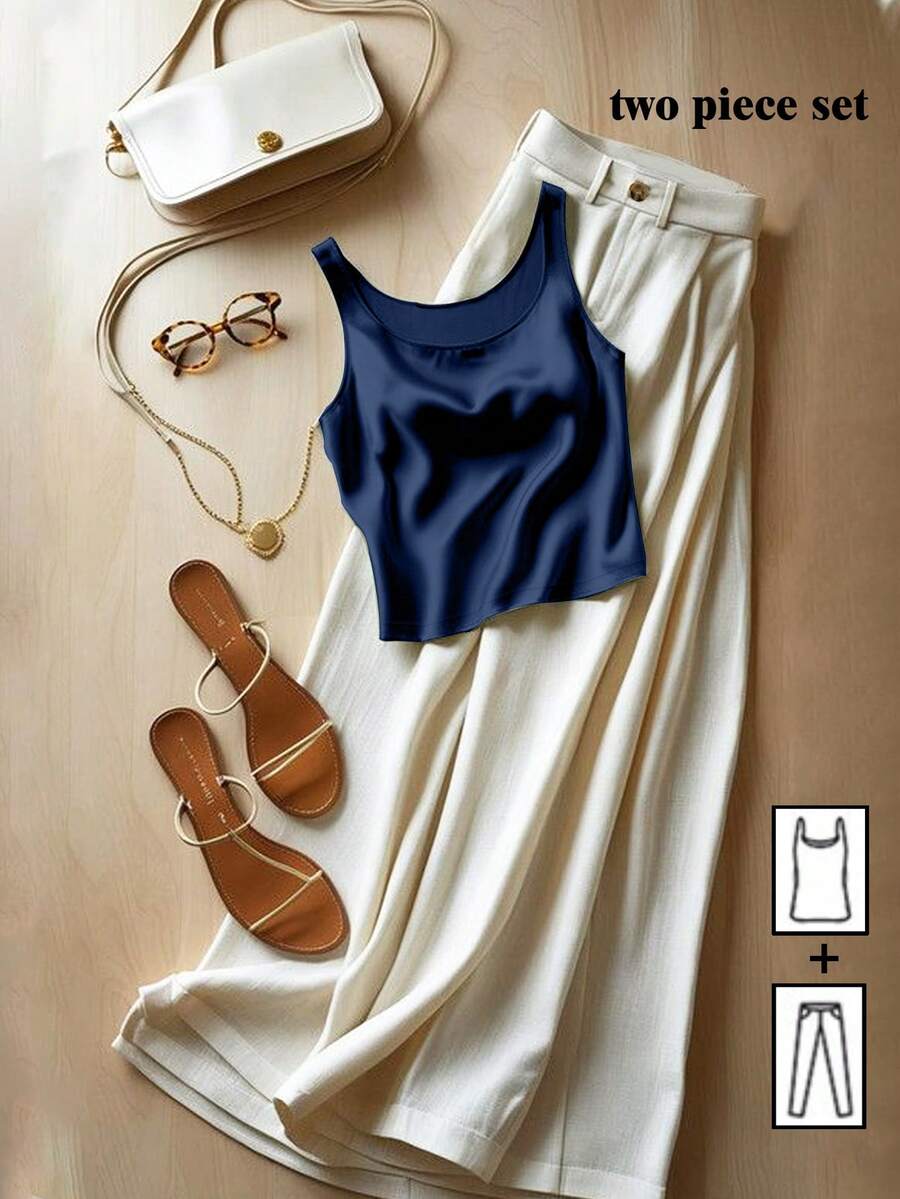 Franclia 两件套女士缎面吊带背心和裤子套装 Ytk 女装穿搭灵感 Pinterest 穿搭 夏季休闲夏季女装 女士两件套 女装 - 藏蓝色 - 查看 1