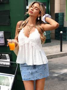 SHEIN Holidaya Chân váy denim nữ cạp cao có túi, thêu hoa, kiểu dáng thường ngày. - Màu xanh lam - Xem 5