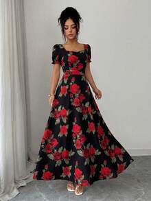 SHEIN Elenzya Đầm nữ in hoa hồng, cổ vuông, eo thon, dáng chữ A, tay phồng, thanh lịch, thích hợp mặc hàng ngày/đi nghỉ mát/đi làm, dự tiệc, phong cách đường phố Pháp, đa năng, màu trắng, in hoa hồng đỏ, thích hợp cho đầu xuân/xuân-hè, tay ngắn, dáng midi. - Đỏ và đen - Xem 7