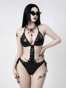 ROMWE Goth Áo tắm liền thân thanh lịch dành cho nữ, kiểu dáng hở lưng, buộc dây, chất liệu giả da phản quang ánh kim, thích hợp cho kỳ nghỉ hè, hè và thu. - màu đen - Xem 1