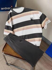 SHEIN Bộ áo thun và quần short ngắn tay cổ tròn in sọc dành cho nam thiếu niên, trang phục thoải mái phù hợp cho mùa hè và đi làm. - Nhiều màu - Xem 3