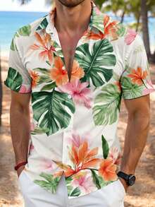 VIVINTIMO Camisa de manga corta casual con estampado de hojas de tortuga para hombre, verano - Blanco - Ver 5