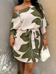 Weeklong Plus Size Women's Spring/Summer Vacation Asymmetrical Shoulder Cinched Waist Solid Color Large Floral Print Mini Dress - Multicolor - View 3