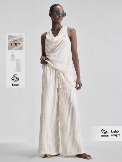Ontre 2026SS New 2-Piece Striped Fabric Women's Suit, Sleeveless Blouse And Wide-Leg Pants, Loose Collar, Vacation Style, Apricot Stripe 2-Piece Set, A-Line Sleeveless Design, Simple Elegant Urban Chic, Commute, Teacher, Summer Holiday, Beach, Wedding Guest, Party, Romantic Date, Comfortable Fabric, Loose Fit, Fashionable Bestseller Women's 2-Piece Set