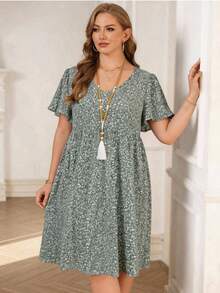 BrightlyHer Vestido de verano con volantes y estampado floral menudo para mujer de talla grande - verde menta - Ver 8