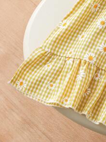 SHEIN Elladie kids 少女优雅格子碎花圆领喇叭袖露背蝴蝶结腰部荷叶边下摆休闲连衣裙，适合日常穿着、度假、乡村风格 - 黃色 - 查看 9