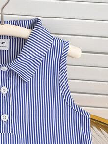 SHEIN Genkimix Kids Young Girls' Sleeveless Striped Button-Down Casual Dress - Royal Blue - View 4