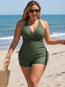Swim Lushoire Women's Plus Size One-Piece Swimwear Halter V-Neck Tummy Control Ruched Bathing Suits,Olive Green Comfy Summer Beach Holiday Shorts Bottom Swimsuit - Army Green - View 7