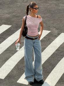 Muchica 粉色条纹针织单肩女式上衣 - 粉色 - 查看 6