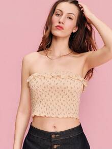 Áo ống màu vàng in hoa, kiểu nhún bèo với đường viền cổ áo xếp nếp nhỏ, thích hợp đi chơi, đi nghỉ mát, phong cách Pháp mùa xuân hè, phong cách Paris. - Màu vàng - Xem 5