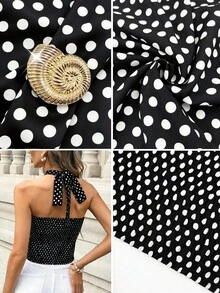 PariChic Chaleco de mujer con lunares marrón albaricoque con cierre de metal, ¡perfecto para unas vacaciones de primavera en una isla!Chaleco halter de cuello con hombros descubiertos con lunares blancos cremosos y marrones, con adornos de hebilla de metal retro y un corte ceñido y corto, con un estilo francés relajado y perfecto para combinar con un vestido de playa.Talla S para mujer.Parte superior con lunares, parte superior sexy de cuello halter, parte superior con lunares marrones, parte superior con concha y hebilla, parte superior con lunares, talla S para mujer, lunares - Negro - Ver 5