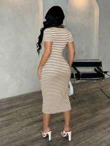 SHEIN SXY 女士休闲简约条纹Polo衫连衣裙，针织弹力修身中长连衣裙，法式优雅连衣裙 - 咖啡棕 - 查看 2