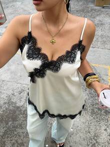 GalTyme Áo hai dây ren tương phản dành cho nữ cỡ lớn - Đen và trắng - Xem 5