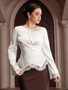 Graceveil Áo sơ mi nữ cổ tròn phối ren, kiểu dáng thường ngày, đa năng. - Màu be - Xem 4