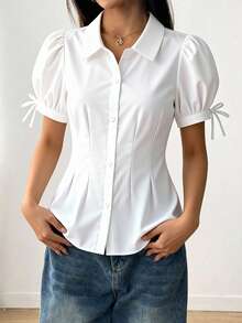 SHEIN Casuvi Kids 条纹前开襟短袖休闲衬衫，灯笼袖，蝴蝶结腰身，A字廓形，适合少女穿着，夏季通勤及度假皆宜。 - 白色 - 查看 8