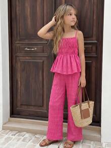 SHEIN Sparklyn Tween Girls' Casual Sweet Hot Pink Summer Tropical Vacation Holiday Textured Bubble Crinkle Fabric Camisole Top & Loose Wide Leg Pants 2 Pieces Set - Pink - View 4