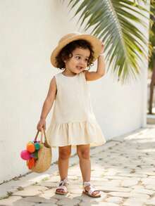 SHEIN Playful Pals 女婴无袖荷叶边下摆纯色连衣裙，简约休闲舒适公主裙，适合外出或叠穿，夏季 - 杏色 - 查看 3