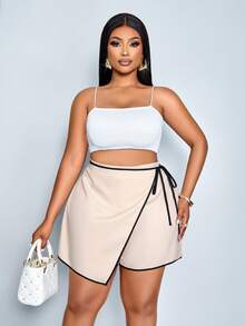 SOLERSUN Plus-Size Women's Beige Summer Casual Elegant Everyday Fashionable Loose Tie-Waist Elastic Shorts, Beach Vacation Music Festival Versatile Bottoms - Apricot - View 3