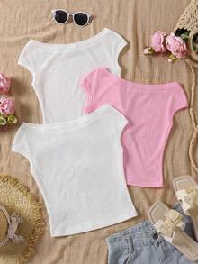 Summer Tops 3pcs/Set Tween Girls Vacation Snug Fit Off Shoulder Multicolor T-Shirts Squishy Top - Multicolor - View 3