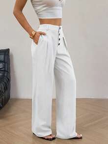 SHEIN Unity Women's Button Front Pleated Wide Leg Loose Pants - White - View 3