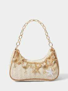 SHECARRY 1pc Summer Beach Starfish Series Shell & Seashell Woven Shoulder Hand Carry Bag, Beach Bag, Straw Handbag For Women (Charm Color & Style Randomly) , Summer - Multicolor H - View 7