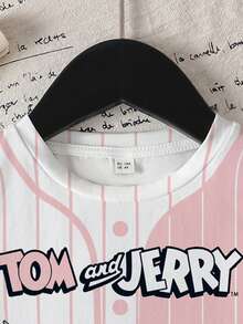 TOM & JERRY X SHEIN Young Girl Summer Casual Colorblock Striped Cartoon Print T-Shirt - White - View 4