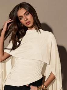 SHEIN BAE Áo len nữ màu nâu dáng suông cổ choàng xếp ly ôm sát, thích hợp cho mùa thu/đông, kiểu áo dệt kim thanh lịch, thích hợp cho mùa thu/đông. - Màu be - Xem 6