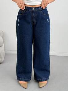 SHEIN Cottnline Women High-Rise Brown Wide Leg Plus Size Destroyed Detail Denim Jeans Spring - Dark Wash - View 5