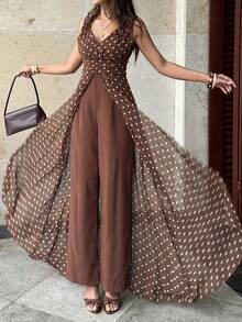 Rafferiza Bộ jumpsuit ống rộng bằng chiffon đính ngọc trai, cổ chữ V, eo xếp ly, thanh lịch, thích hợp làm trang phục dự tiệc cưới, màu tím. - Cà phê nâu - Xem 5