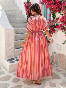 Vionelle Plus Size Orange V-Neck Cinched Waist Dress,Summer,Boho,Vacation,Holiday Women Resort Wear Beach Vacation Cover Up Cabo Outfits Beachwear - Multicolor - View 3
