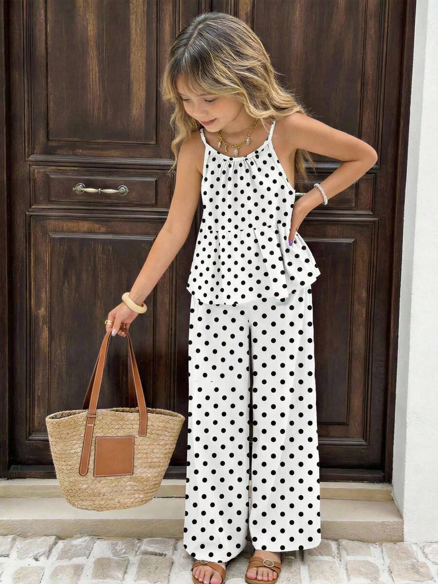 SHEIN 两件套女童休闲无袖波点上衣和阔腿裤套装，夏季套装，饰有水滴形纽扣和荷叶边下摆，宽松版型，适合海滩和度假穿着。 - 白色 - 查看 1