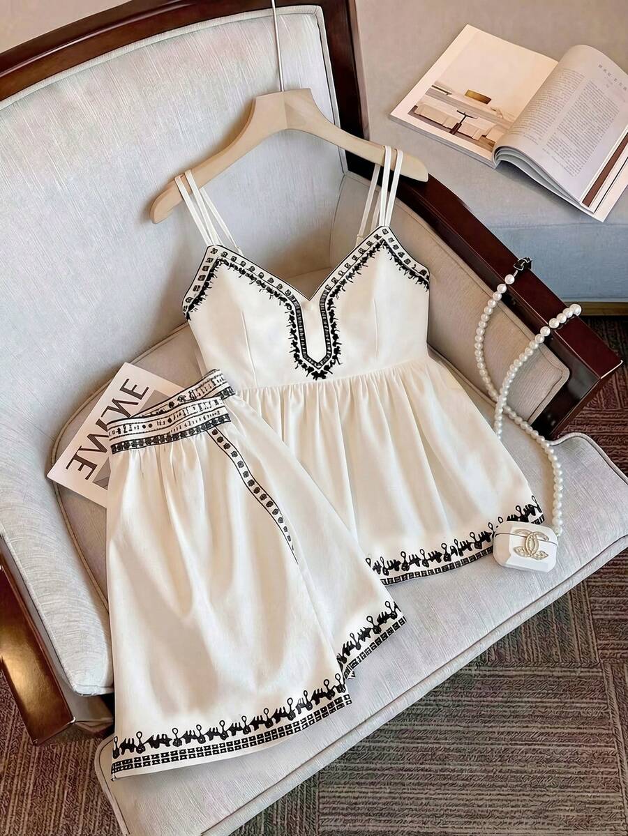 SHEIN Franclia 女款夏季黑白兩件式套裝,優雅V領細肩帶背心搭配鬆緊腰寬腿短褲,海灘度假早午餐穿搭 - 杏色 - 查看 1
