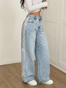SHEIN PETITE Quần jeans nữ ống rộng cạp thấp phối màu kẻ sọc, kiểu dáng thường ngày, thích hợp cho mùa đông, năm mới, dự tiệc, phong cách đường phố cổ điển. - Rửa nhẹ - Xem 4