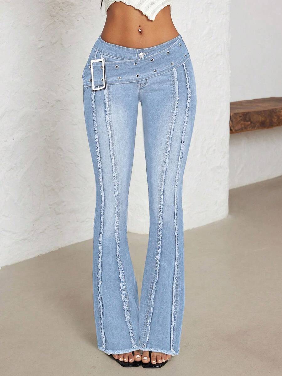SHEIN PETITE Women's Flared Jeans With Corn Callus Buckle Design And Frayed Hem - Light Wash - View 1