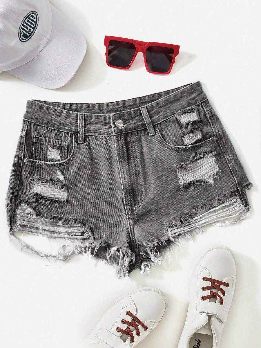 Rivivi Quần short denim bạc màu, phong cách thường ngày mùa hè. - Xám - Xem 1