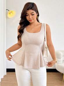 Easura Plus Size Women Fuzzy Striped Elastic Back Tie A-Line Tank Top, Spring/Summer - Khaki - View 3