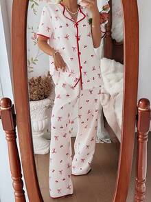 SHEIN Bow & Cherry Print Bubble Crinkle Cardigan Short Sleeve & Pants Women Pajama Set - Red - View 7