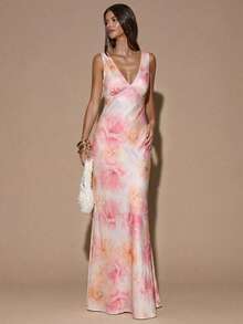 SHEIN BAE 极简纯色印花性感深V领无袖露背系带长款美人鱼连衣裙，适合派对、鸡尾酒会、正式场合、伴娘、生日、圣诞节、宴会等场合，黄色缎面长裙。 - 粉色 - 查看 4