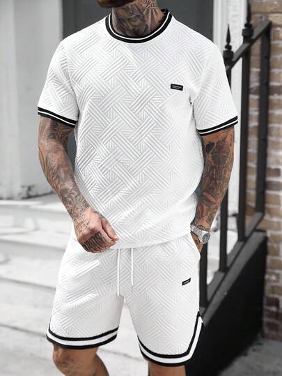 Manfinity CasualCool Tenue décontractée pour homme assortie en tissu texturé blanc, cadeau pour petit ami/mari, cadeau d'anniversaire, ensemble de t-shirt à manches courtes ample et contrasté